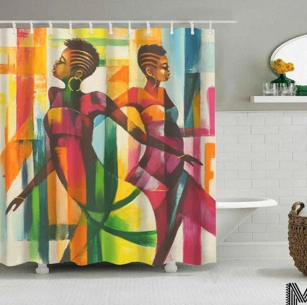 Vibrant Afro-urban printed shower curtain with modern building and African girl design