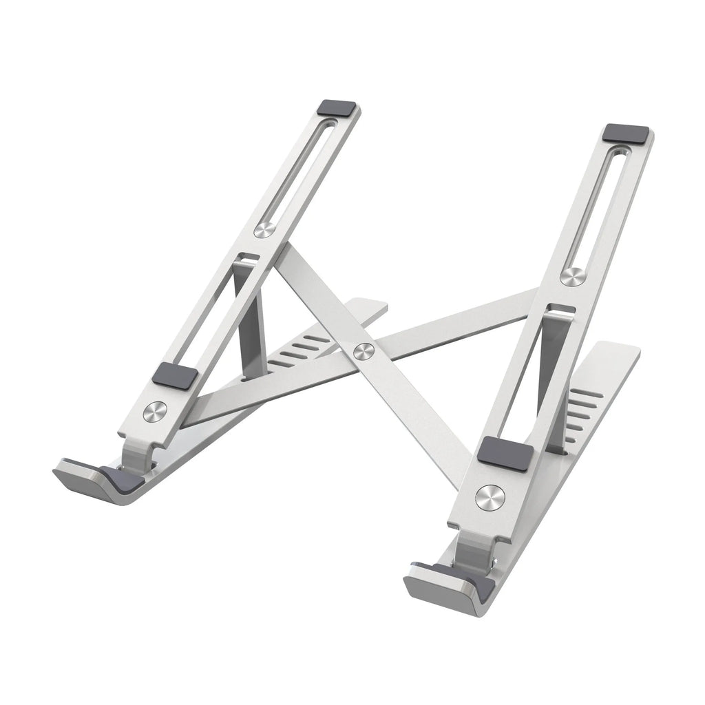 Silver aluminium laptop stand showing six height adjustment positions with laptop elevated