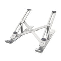 Silver aluminium laptop stand showing six height adjustment positions with laptop elevated
