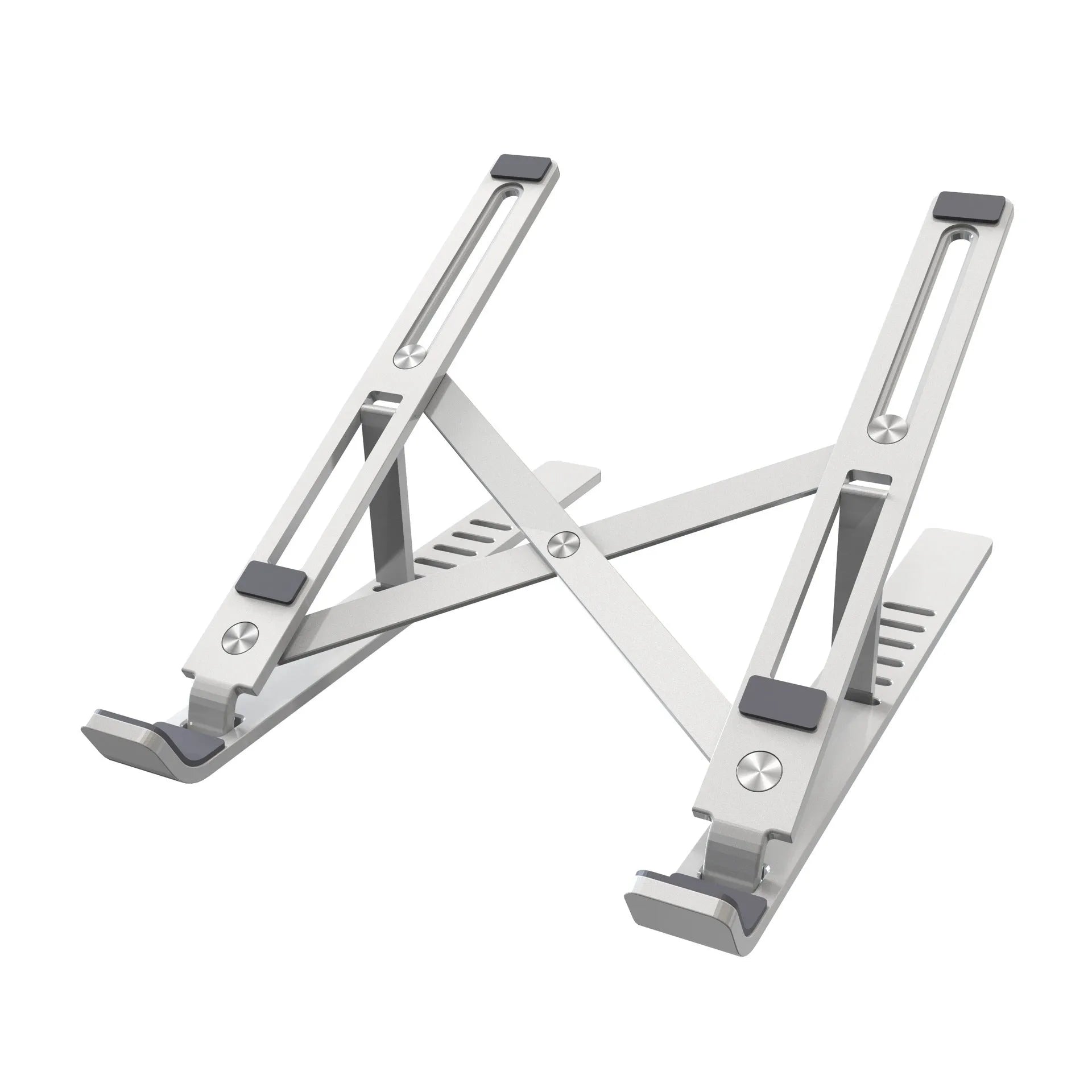 Silver aluminium laptop stand showing six height adjustment positions with laptop elevated