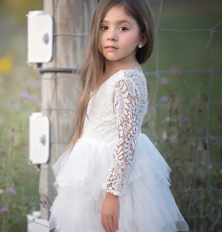 Girls white princess dress with lace sleeves and hollow pattern in cotton blend fabric