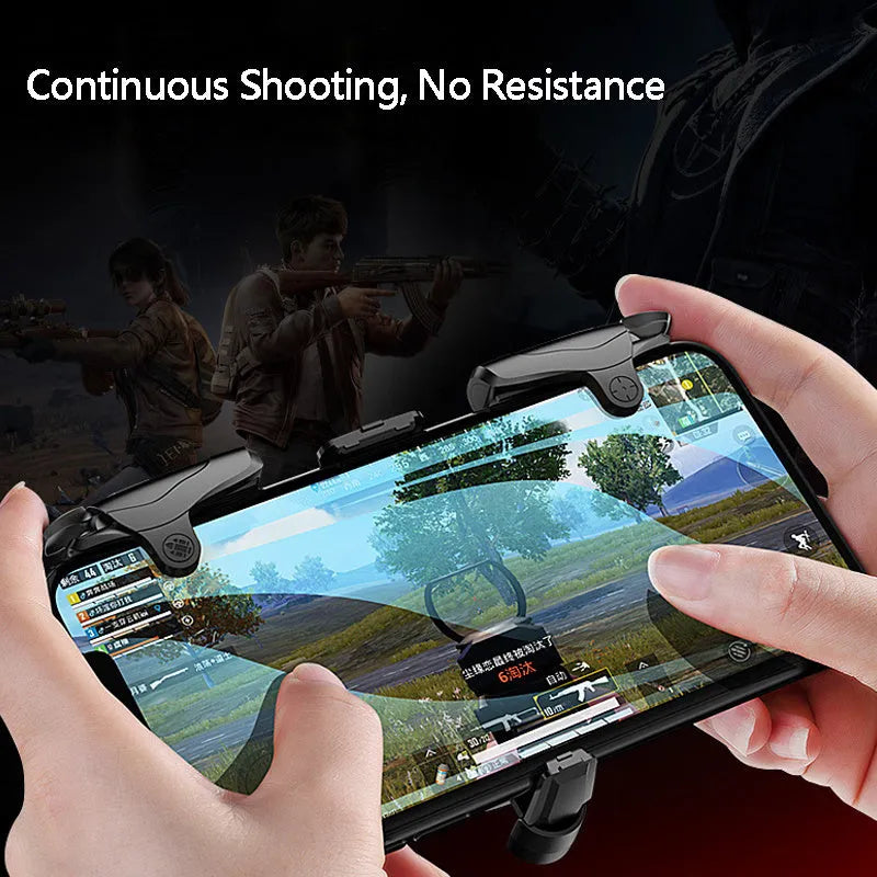 Blue and red mobile gamepad joystick button shooter controller in ABS and metal, 38mm x 32mm x 12mm