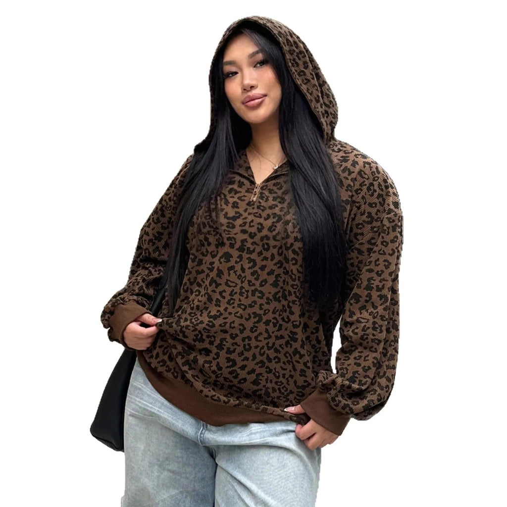 Women's brown leopard print zip-up hooded corduroy long sleeve sweatshirt, front view