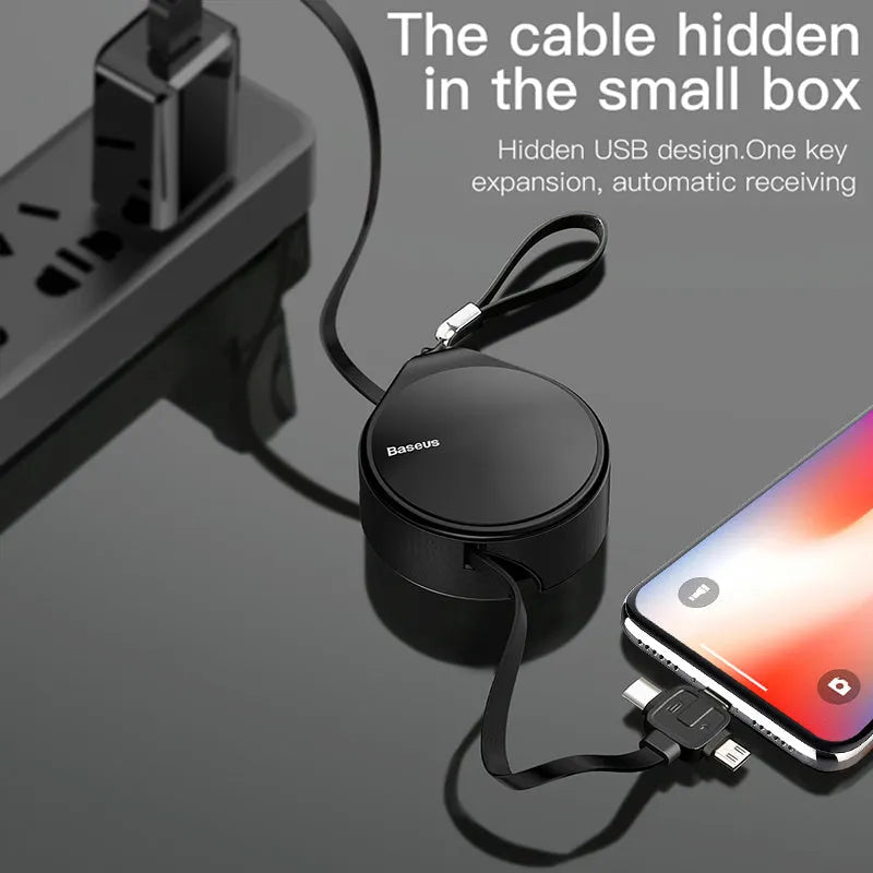 Telescopic three-in-one fast charging data cable extended to 1m length in choice of colours