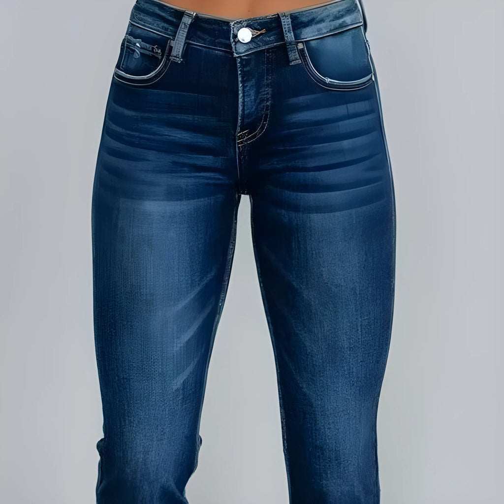 Women's solid colour denim trousers with hand-distressed detailing in dark blue