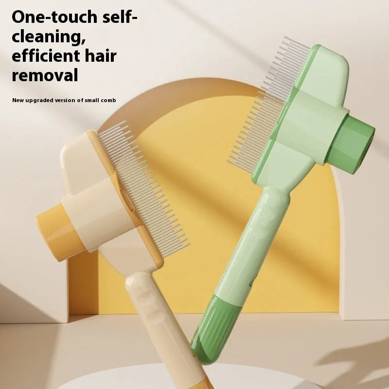 Green self-cleaning pet comb with release button and stainless steel teeth for dog and cat grooming
