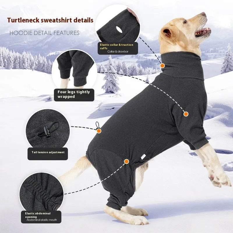 Dark gray four-legged dog coat with high collar made of polar fleece fabric on a dog