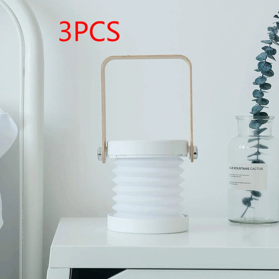 A foldable LED lamp with touch-sensitive dimming control, rechargeable battery, and a versatile design for home decor.