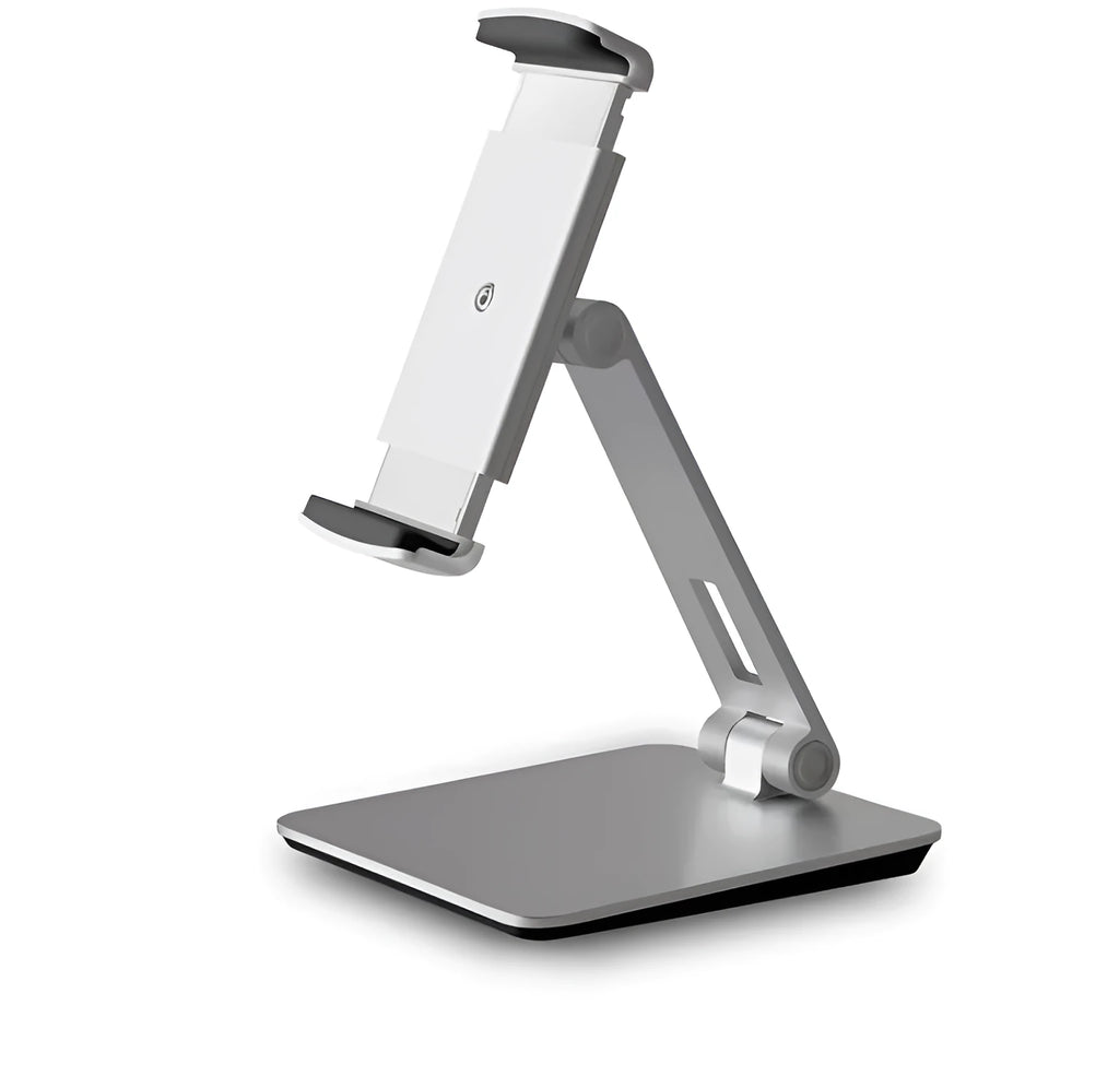 Silver foldable aluminium and ABS phone and tablet stand on a desk, showing 360-degree rotation.