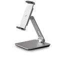 Silver foldable aluminium and ABS phone and tablet stand on a desk, showing 360-degree rotation.