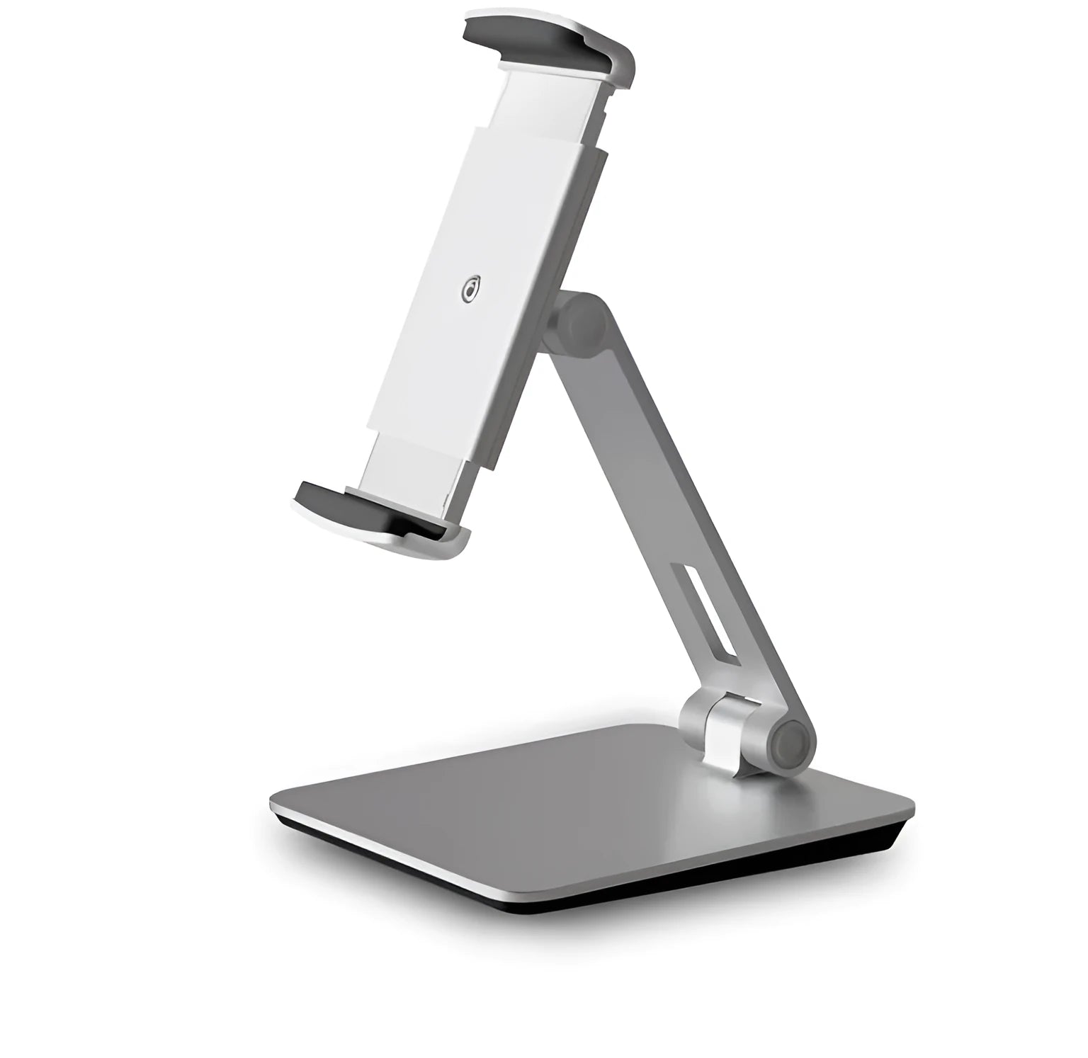 Silver foldable aluminium and ABS phone and tablet stand on a desk, showing 360-degree rotation.
