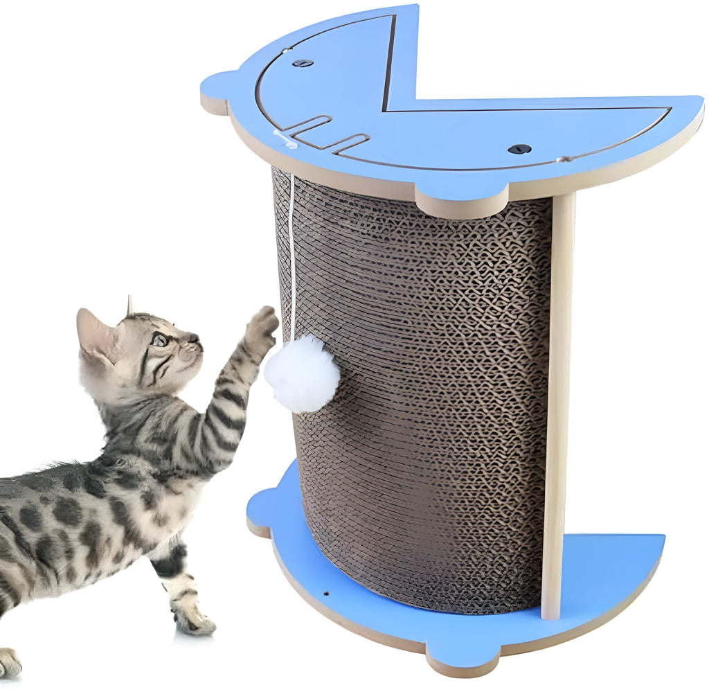 Corner-shaped cardboard cat scratching pad with a hanging blue ball toy attached.