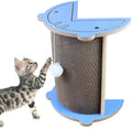 Corner-shaped cardboard cat scratching pad with a hanging blue ball toy attached.