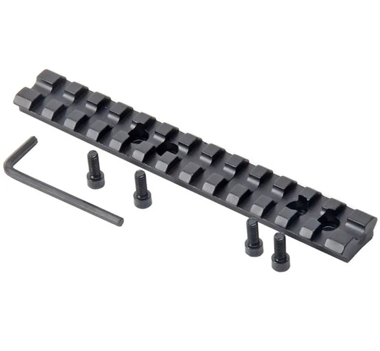 Black aluminium Picatinny scope mount rail for shotgun with Allen key and four mounting screws