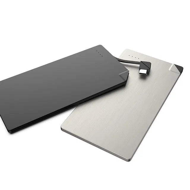 Silver graphene battery power bank measuring 140mm x 72mm x 4mm with 4000mAh capacity