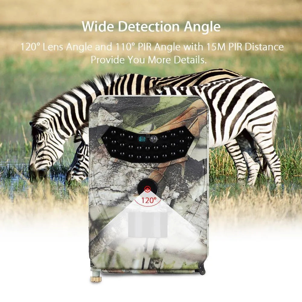 JPEG Trail Wildlife Camera 20MP with camouflage finish, wide-angle lens, and infrared LEDs for outdoor night vision monitoring