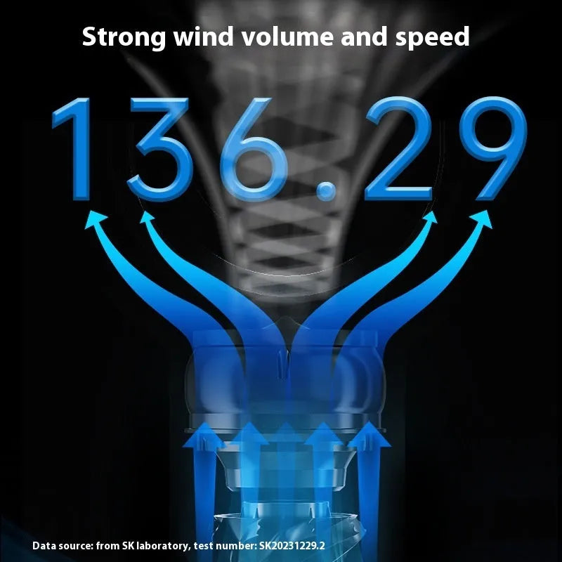 White bladeless tower floor fan with remote control and touch screen display on a wooden floor.