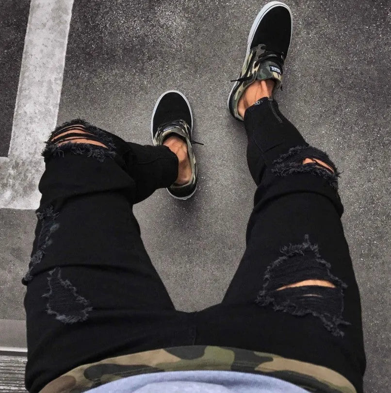 Blue streetwear ripped jeans with distressed finish on legs, straight-leg high-waist design, size S to 4XL