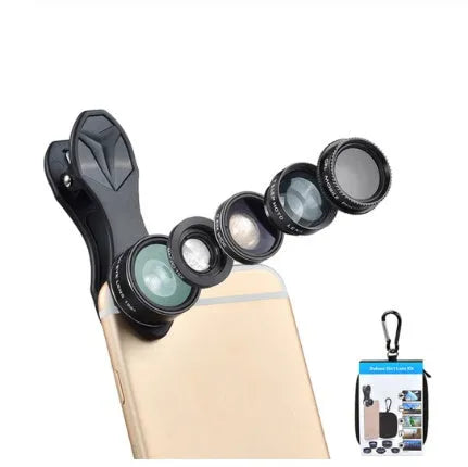 Universal 5 in 1 smartphone lens kit with fisheye, wide angle, macro, telephoto and CPL lenses on a table.