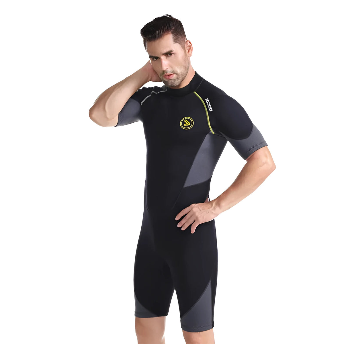 Black men's short sleeve SCR neoprene wetsuit shorts with round neck and YKK zipper, sizes S-4XL