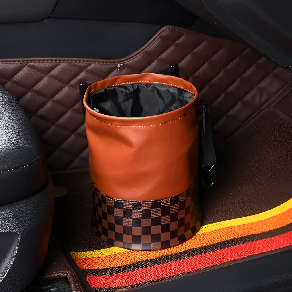 Black retractable leather car trash can with handle shown in folded and expanded states