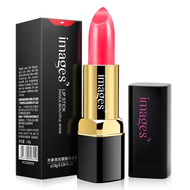 Moisturising lipstick lip gloss in a case, shown in multiple colours including coral red and pink.