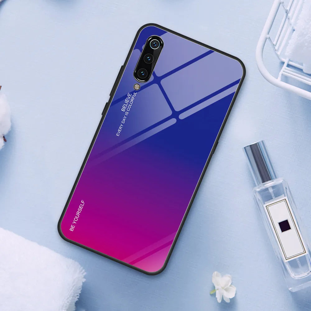 Gradient colour phone case for Xiaomi Redmi with tempered glass back and TPU frame