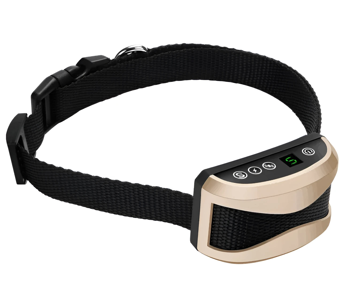 Digital dog bark training collar with LCD screen on adjustable reflective strap, showing black colour option.