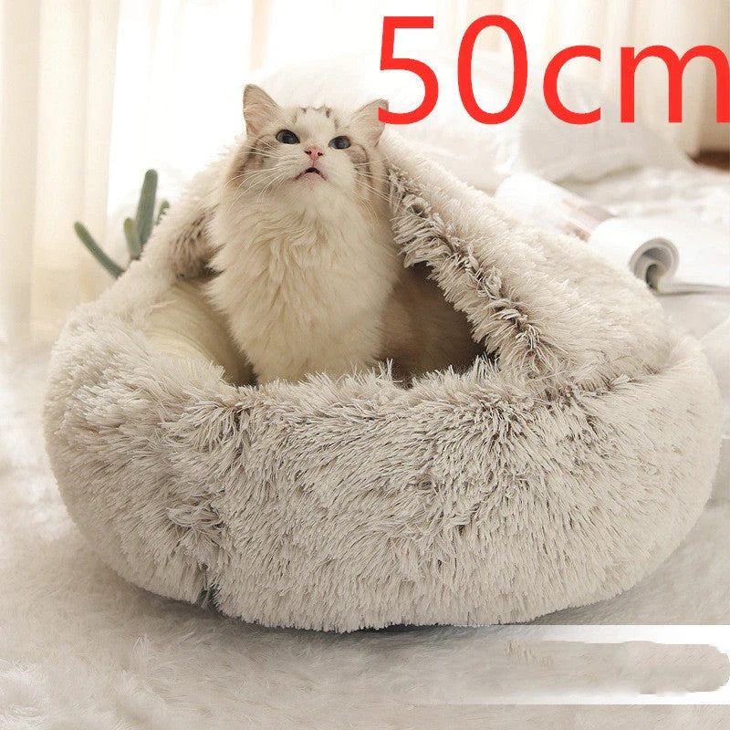 A soft, plush pet bed in various colors, including olive green, brown, pink, and grey, designed for the comfort and relaxation of cats and dogs.