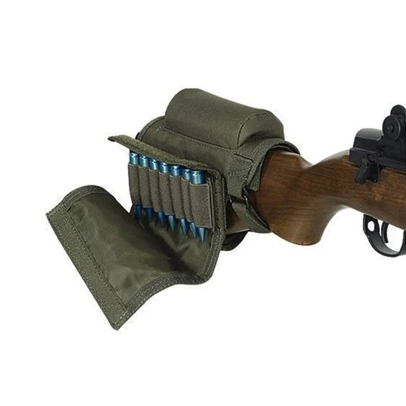 Black nylon cheek rest for rifle stock with hook and loop straps and removable ammo carrier