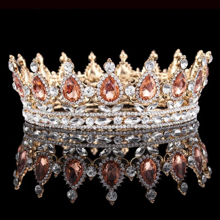 Baroque bridal crown headdress with rhinestones on alloy base, 12.5cm diameter, 5cm height in gold finish