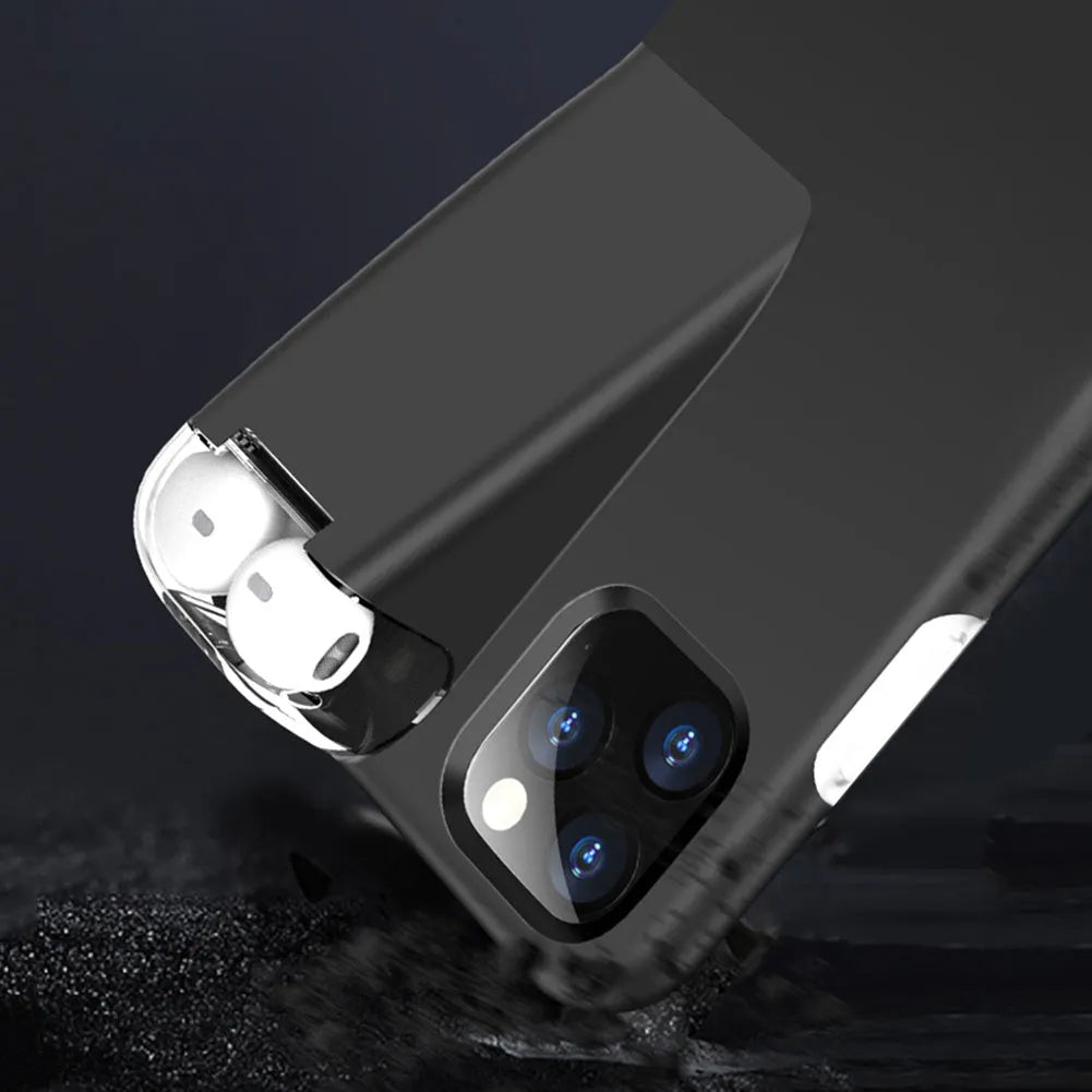 Black 2-in-1 iPhone case with integrated AirPods charging case slot on the back.