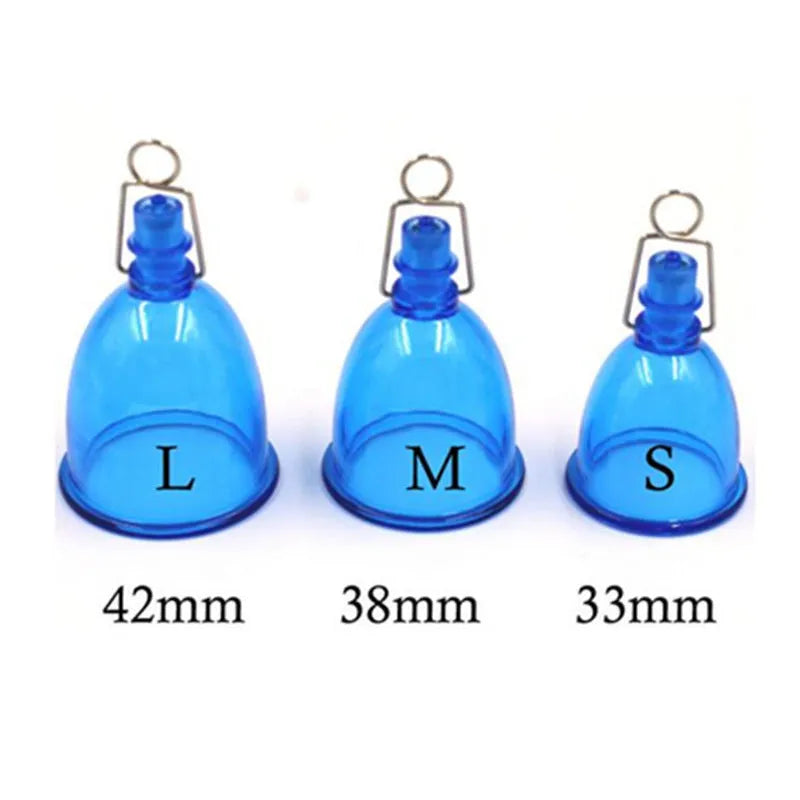 Blue silicone men's adult physical stretch exerciser shown in three sizes S, M, and L.