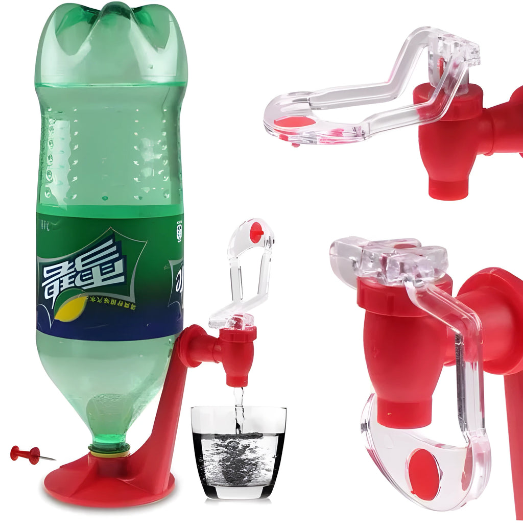 Red plastic Magic Tap soda dispenser attached to inverted 2-litre bottle for push-button drink serving