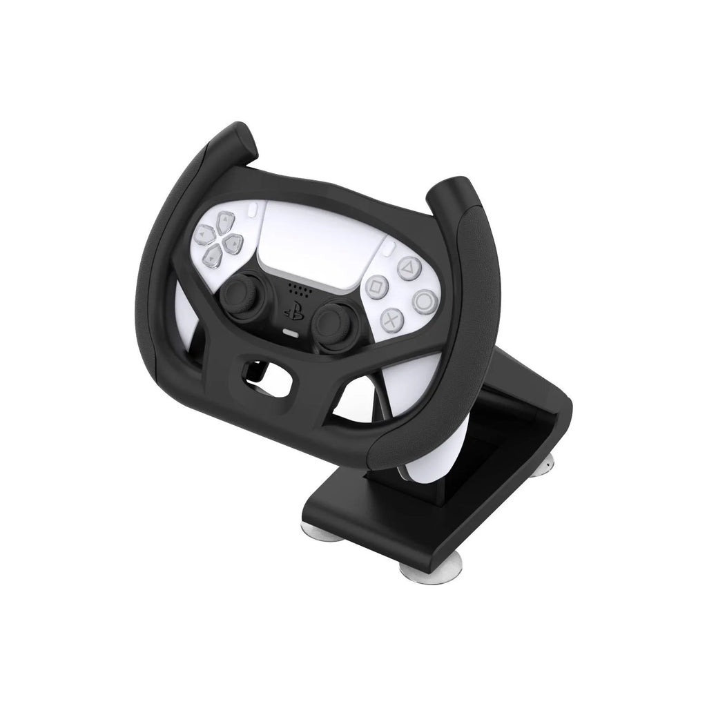 Black ABS plastic gamepad steering wheel bracket with suction cup, holding a mobile phone for gaming.