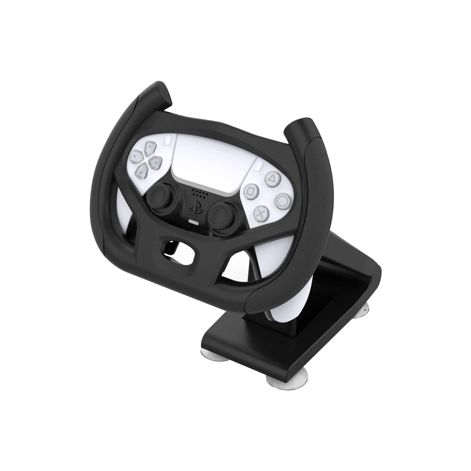 Black ABS plastic gamepad steering wheel bracket with suction cup, holding a mobile phone for gaming.