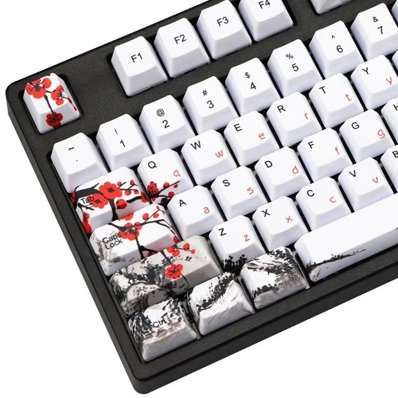 PBT Wangjiang Plum blossom theme keycap set for mechanical keyboards, showing five-sided sublimation printing.