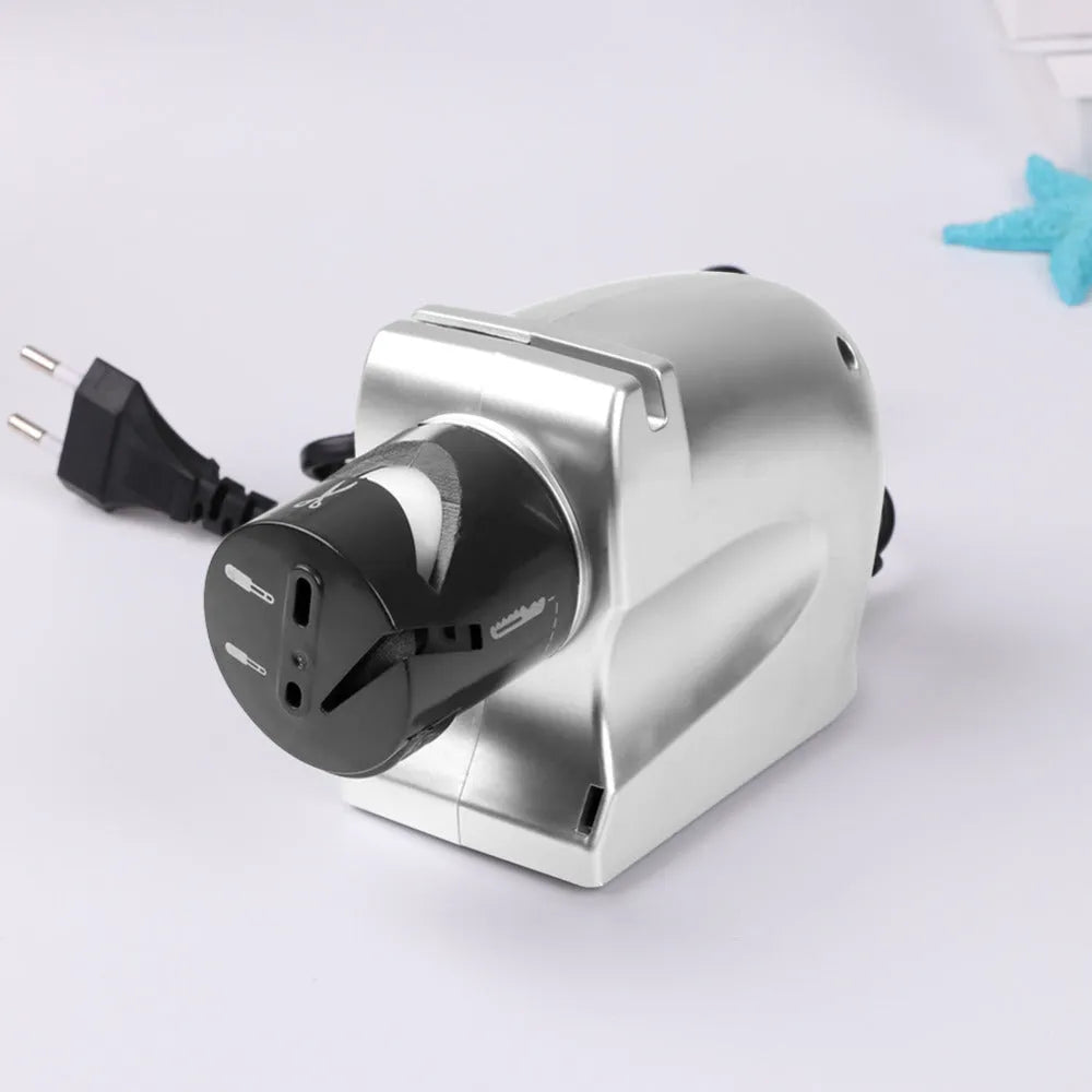 Silver electric knife sharpener with ABS body and gold accents, size 19 x 16.6 x 6.3cm