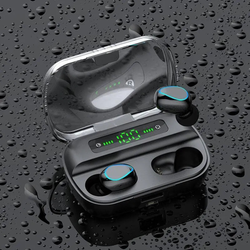 Black wireless Bluetooth headset with earplug design showing Bluetooth 5.0 and 10m range capabilities