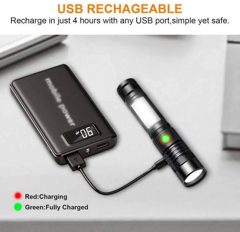 Outdoor mini zoom flashlight with adjustable focal length and black aluminium alloy body on a dark background