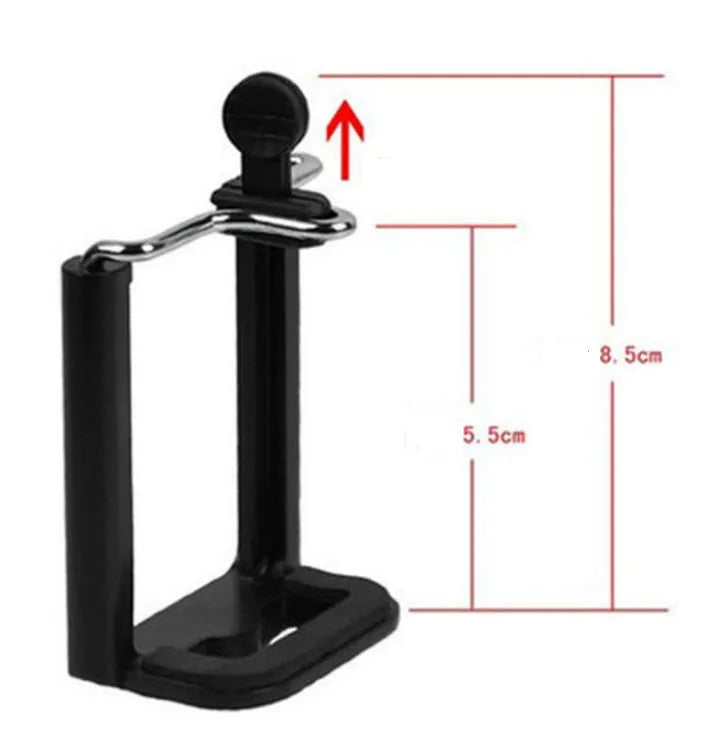 Mini desktop tripod with extendable aluminium legs and U-shaped phone clip for cameras and mobile devices