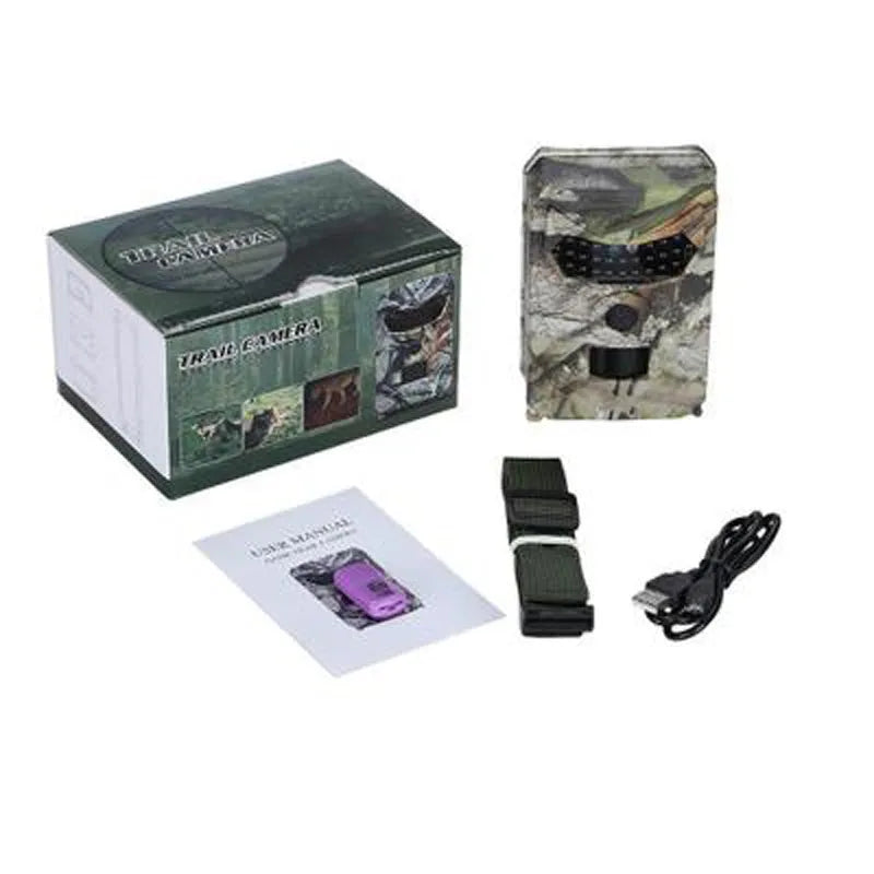 JPEG Trail Wildlife Camera 20MP with camouflage finish, wide-angle lens, and infrared LEDs for outdoor night vision monitoring