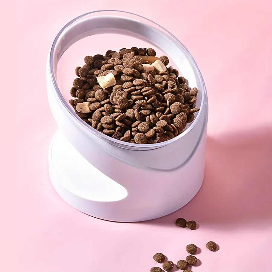 White elevated plastic cat food bowl with a tilted feeding surface for neck protection.