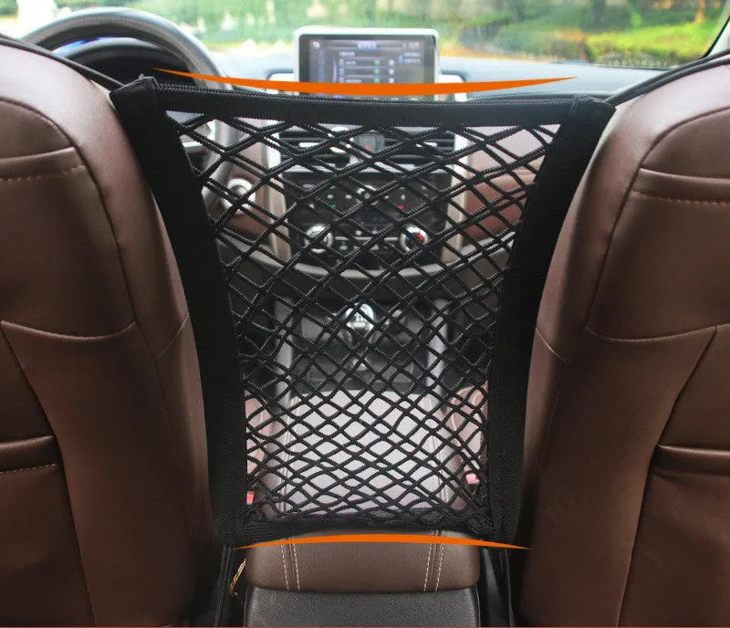 Black nylon mesh car seat storage net pocket, 27x39x10cm, universal fit between seats