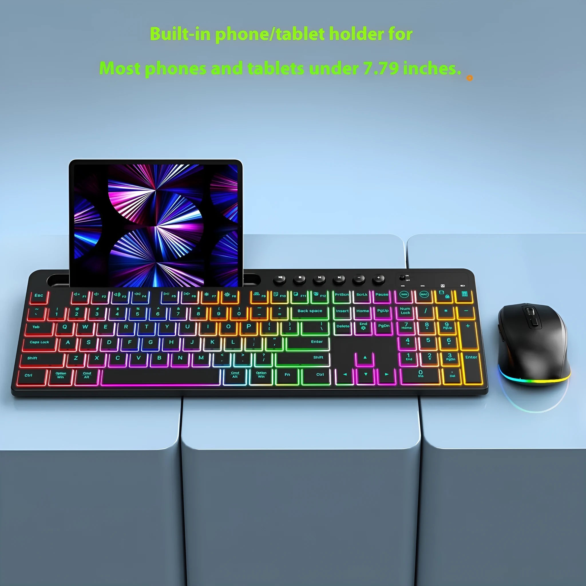 Wireless keyboard and mouse set with card slot, luminous features, and dry battery powered 2.4G connectivity