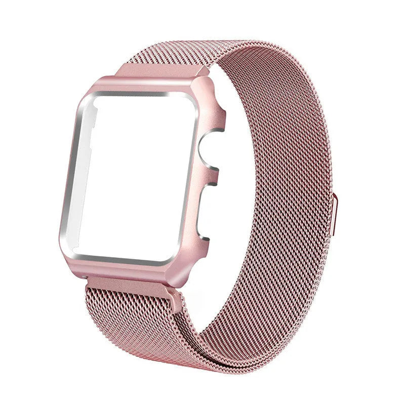 Rose pink 316 steel smart watch strap with frame, adjustable sizing, 38mm 40mm 42mm 44mm options