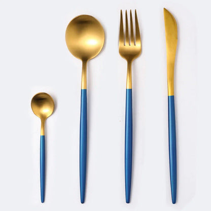 Premium stainless steel cutlery set with a mirror-polished finish, including coffee spoons, dessert spoons, main meal spoons, dessert forks, main forks, and chopsticks, presented in a stylish gift box.