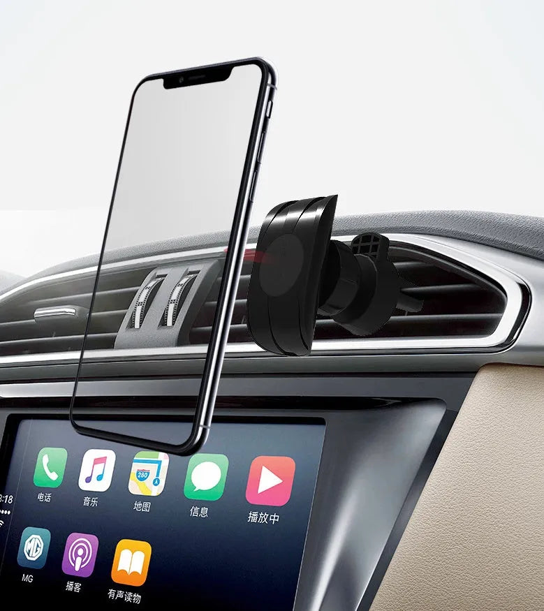 Gloss black car phone holder mounted on vehicle air vent with universal clip mechanism