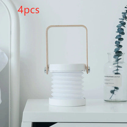 A foldable LED lamp with touch-sensitive dimming control, rechargeable battery, and a versatile design for home decor.