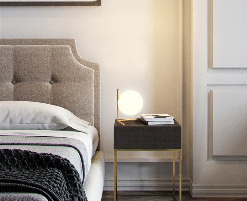 Creative modern floor lamp with glass shade in a living room setting